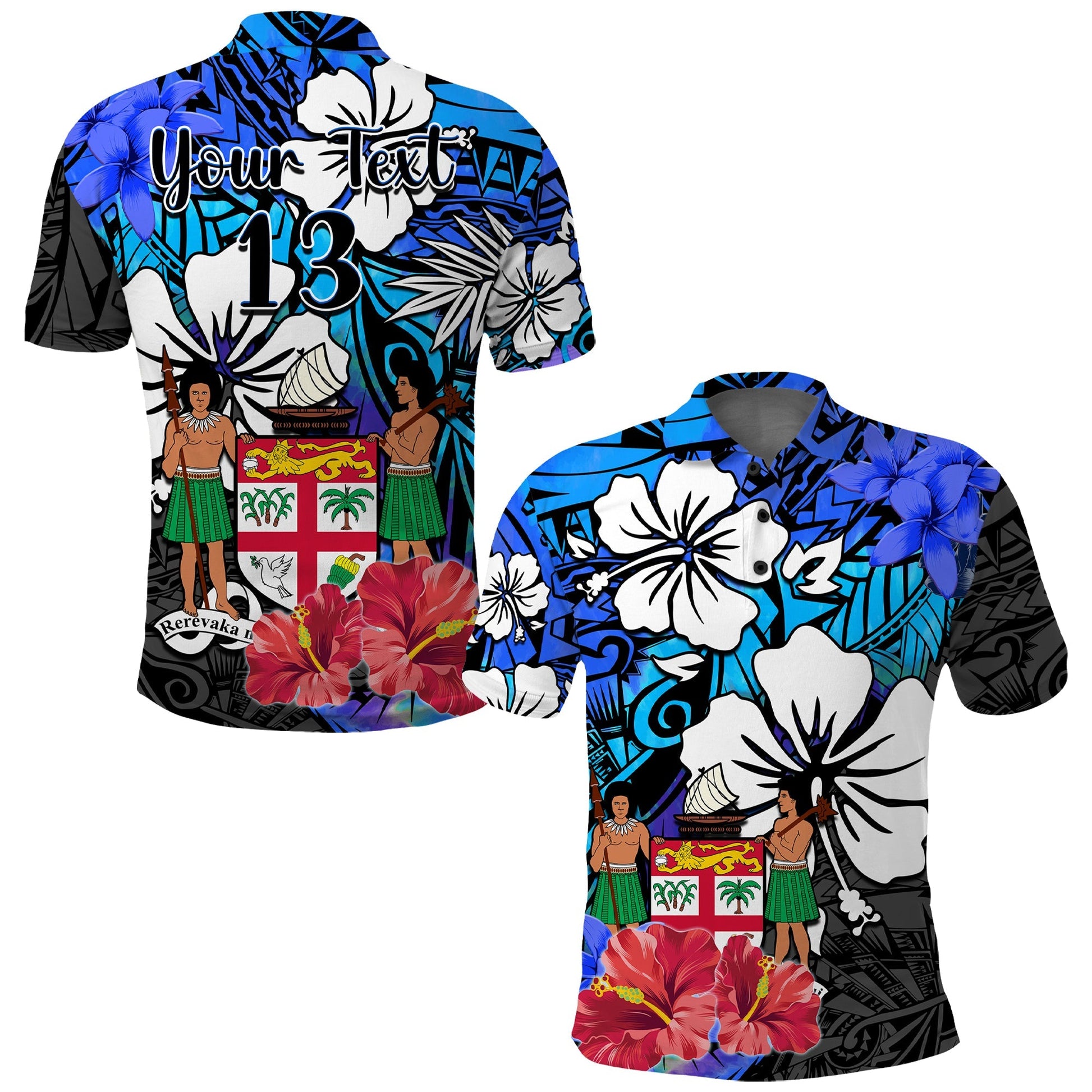 Custom Text and Number Fiji Tie Dye Polo Shirt Polynesian Blue Tribal Creative Tropical Flowers