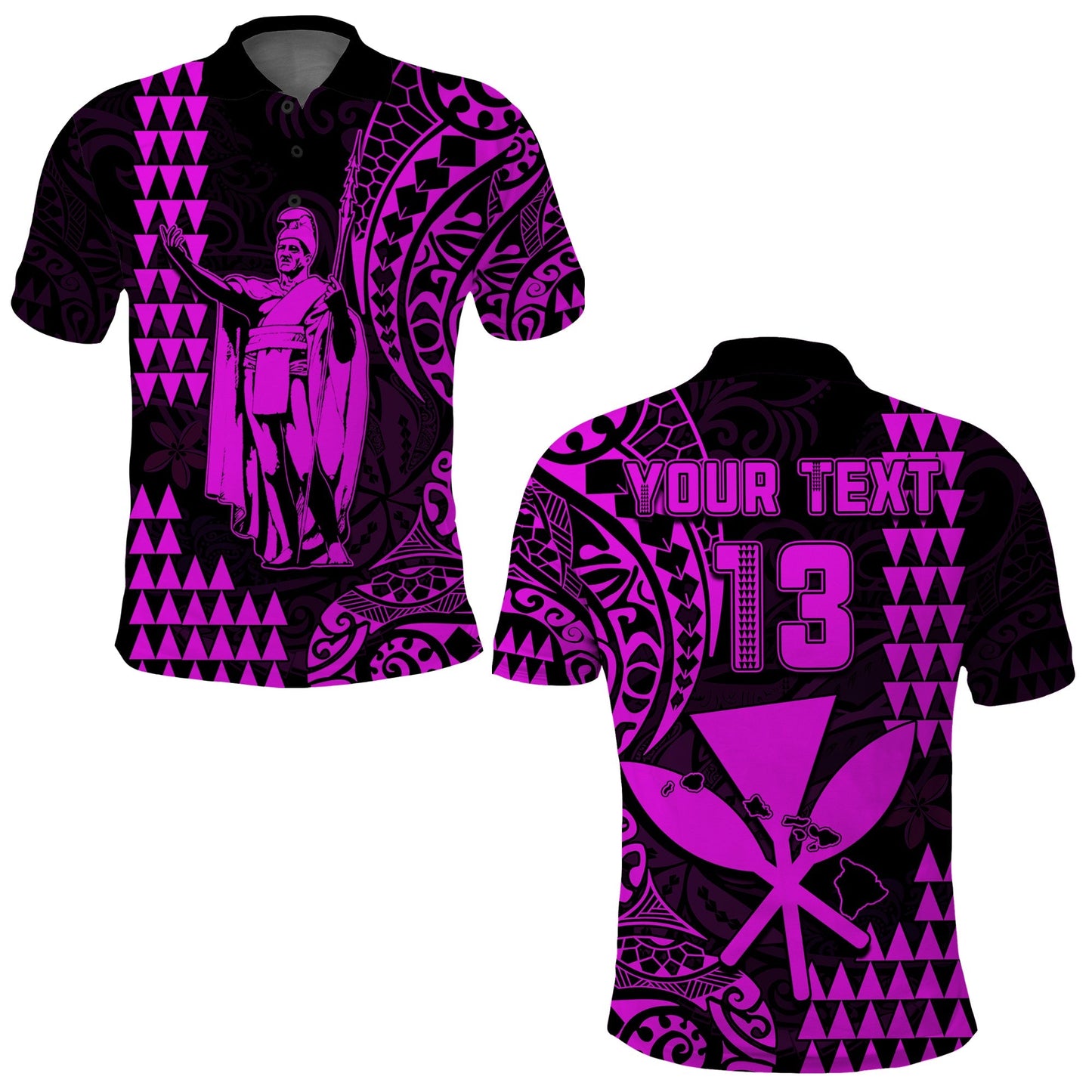 Custom Text and Number Hawaii Day Kakau Polo Shirt Proud To Be Hawaiian Purple King Kamehameha and Kanaka Maoli