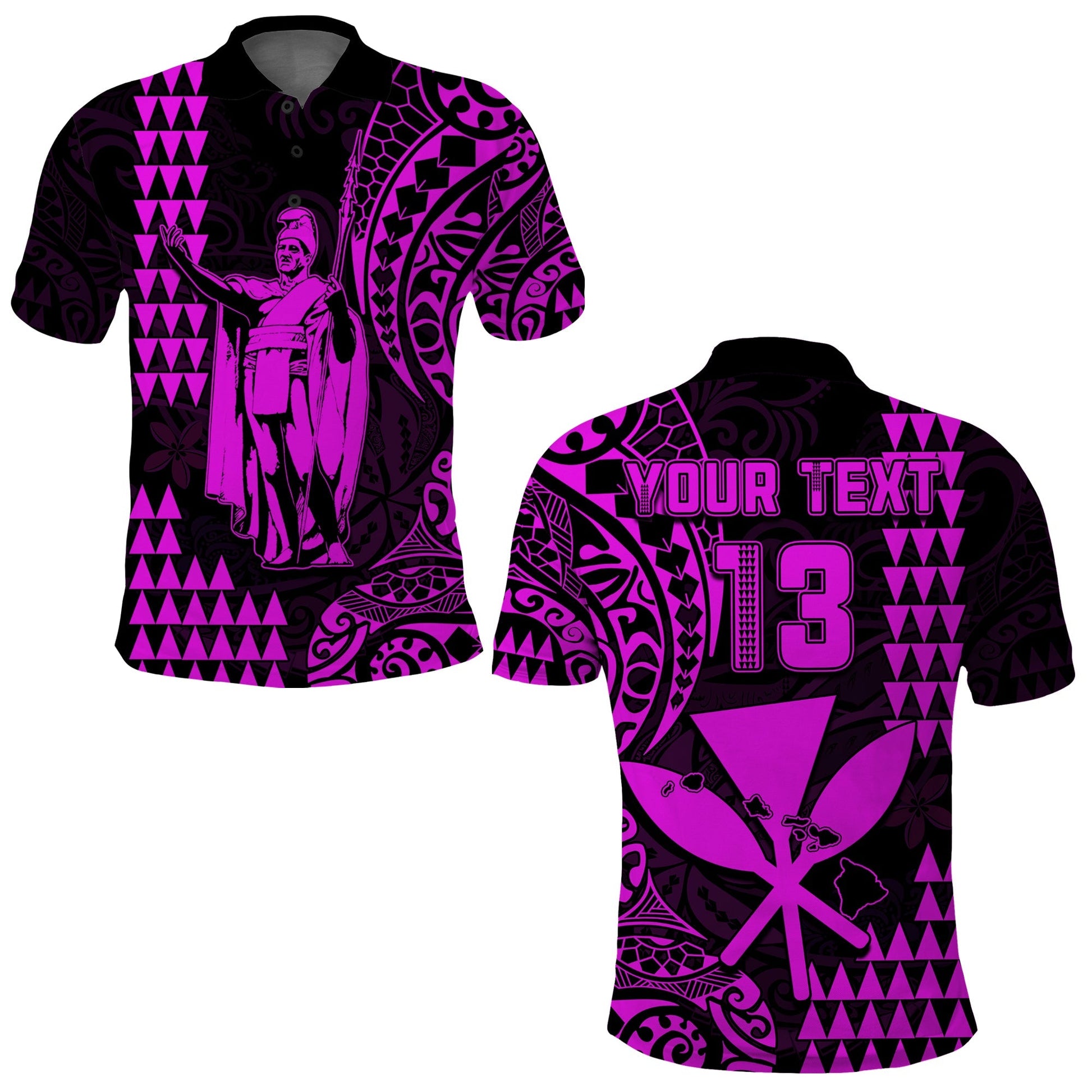 Custom Text and Number Hawaii Day Kakau Polo Shirt Proud To Be Hawaiian Purple King Kamehameha and Kanaka Maoli