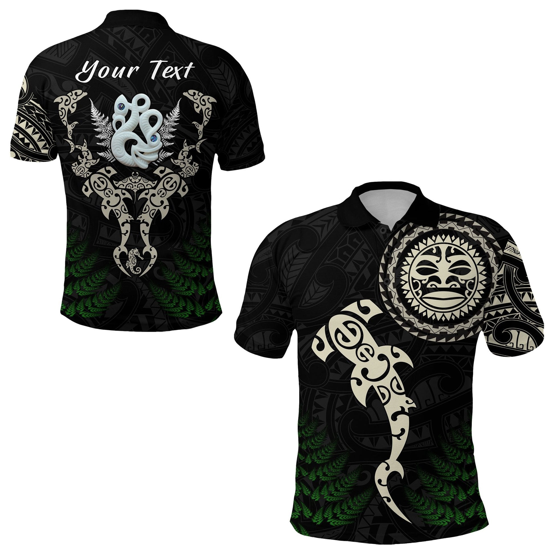 Custom Personalised Aotearoa Fern Polo Shirt Maori Manaia and Fish