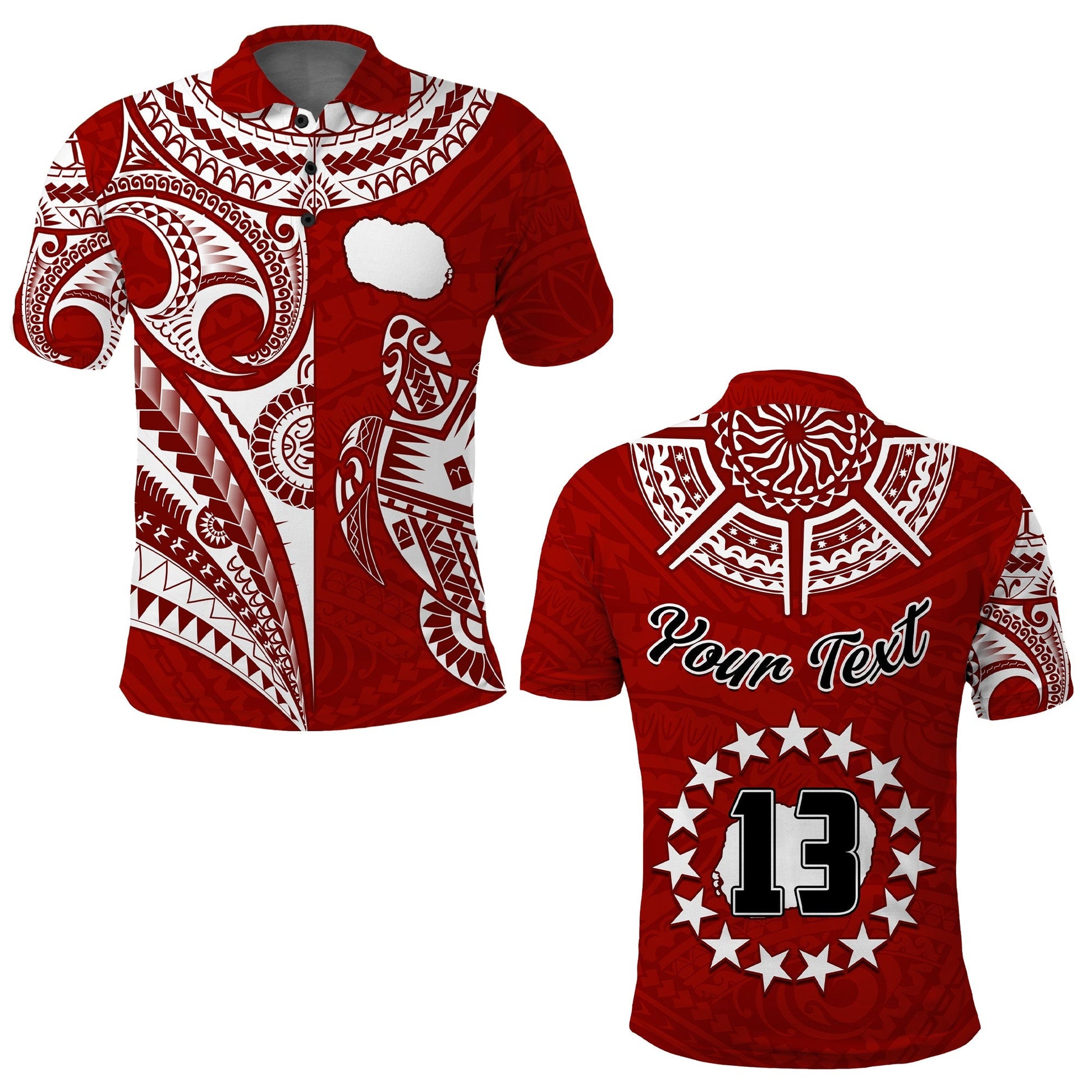 Custom Text and Number Rarotonga Cook Islands Polo Shirt Turtle and Map Style Red