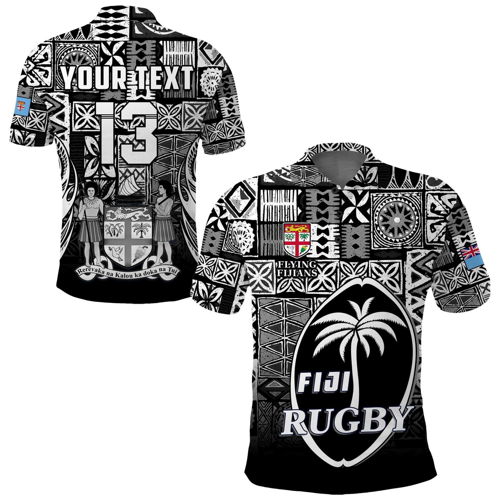 Custom Text and Number Fiji Rugby Polo Shirt Flying Fijians Black Tapa Pattern