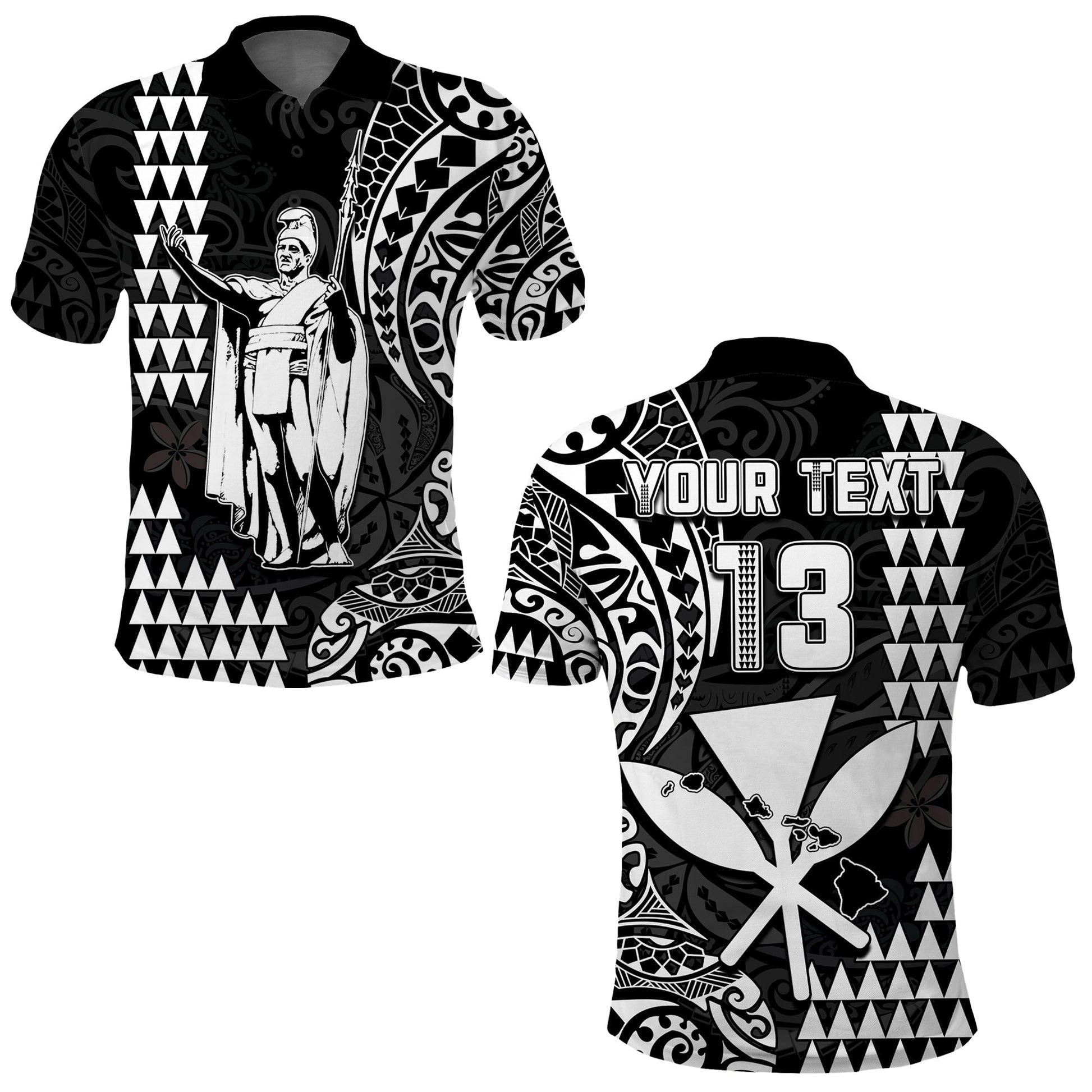 Custom Text and Number Hawaii Day Kakau Polo Shirt Proud To Be Hawaiian Black King Kamehameha and Kanaka Maoli