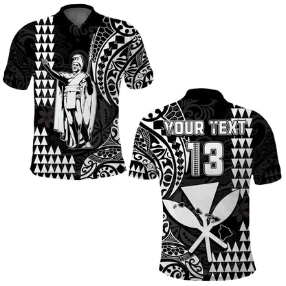 Custom Text and Number Hawaii Day Kakau Polo Shirt Proud To Be Hawaiian Black King Kamehameha and Kanaka Maoli