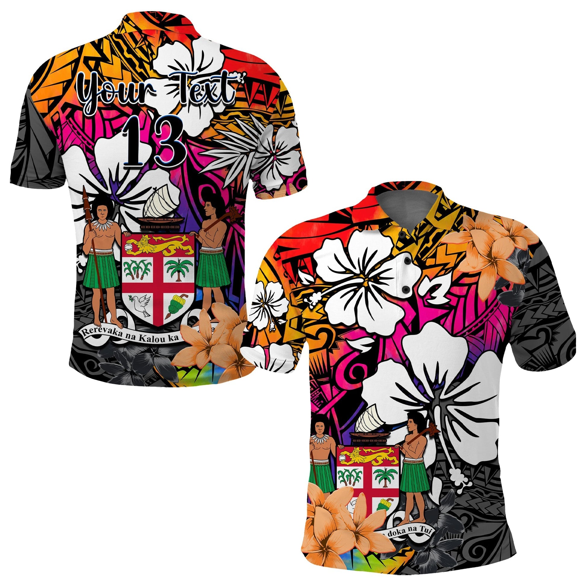 Custom Text and Number Fiji Tie Dye Polo Shirt Polynesian Tribal Creative Tropical Flowers