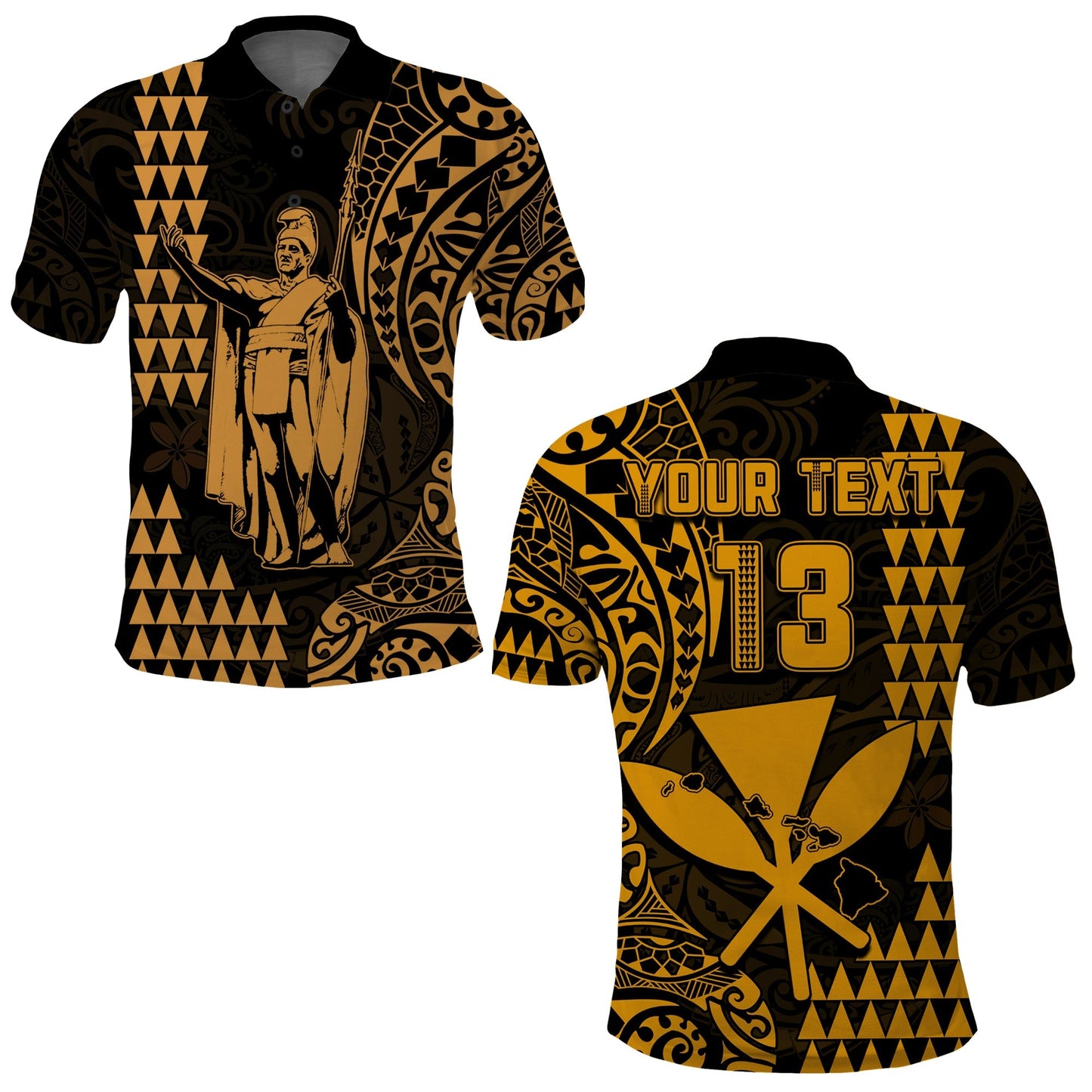 Custom Text and Number Hawaii Day Kakau Polo Shirt Proud To Be Hawaiian Gold King Kamehameha and Kanaka Maoli