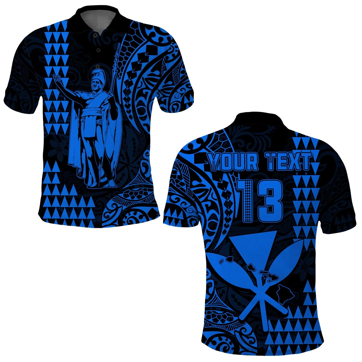 Custom Text and Number Hawaii Day Kakau Polo Shirt Proud To Be Hawaiian Blue King Kamehameha and Kanaka Maoli