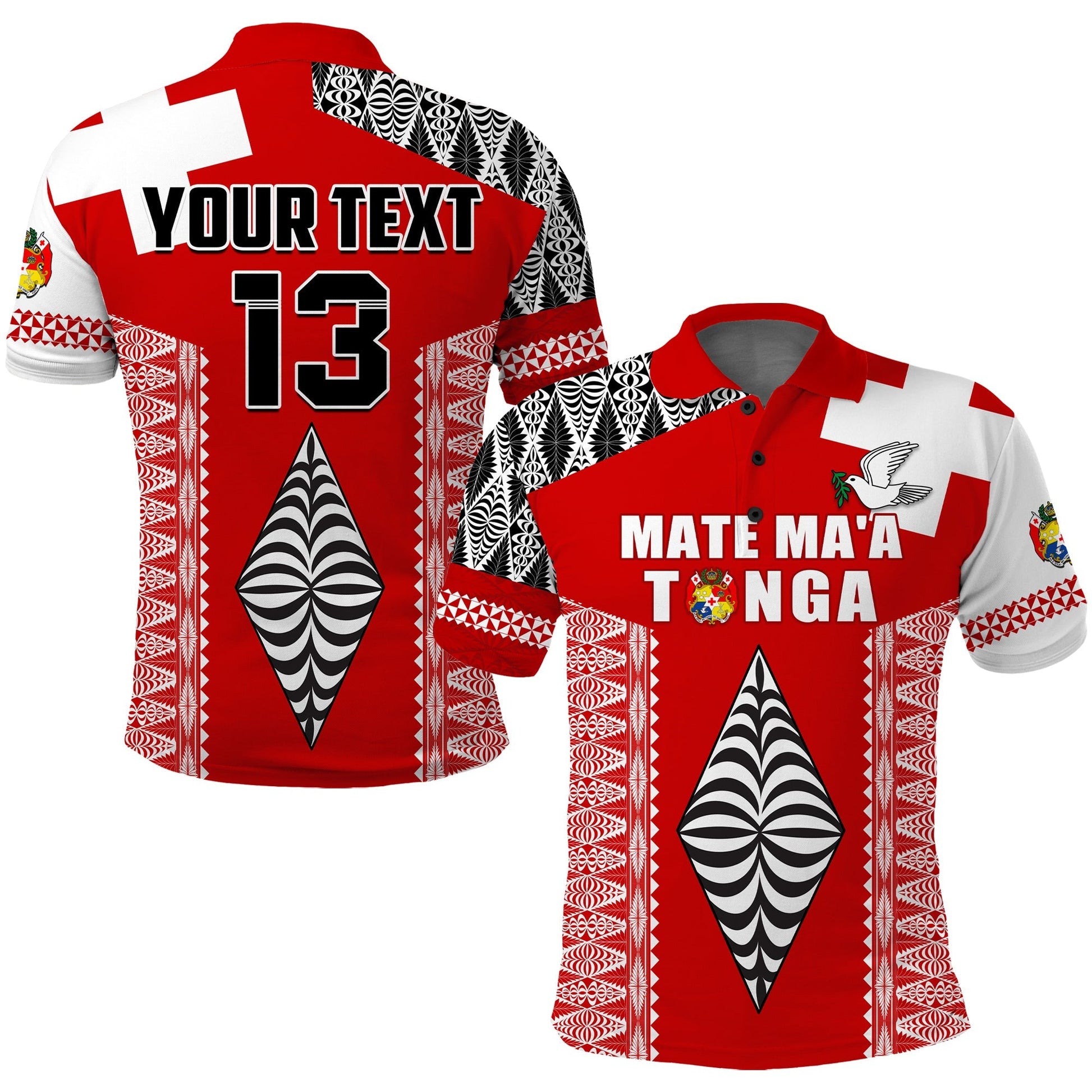 Custom Text and Number Tonga Rugby Polo Shirt Kupesi Ngatu Mate Maa Tonga