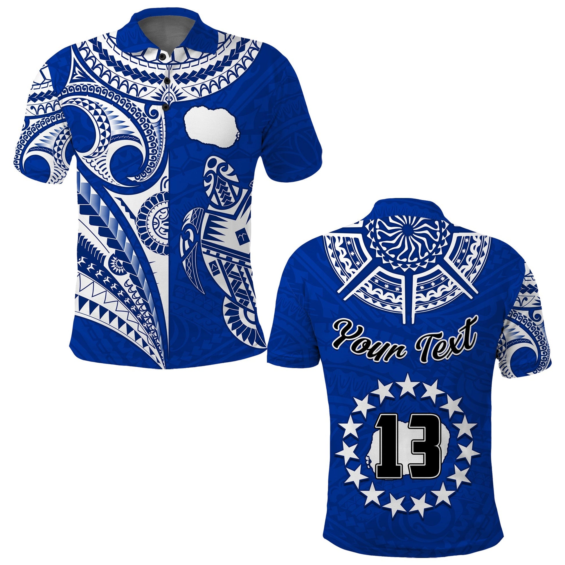 Custom Text and Number Rarotonga Cook Islands Polo Shirt Turtle and Map Style Blue