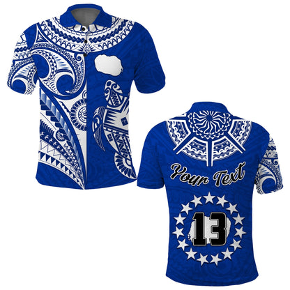 Custom Text and Number Rarotonga Cook Islands Polo Shirt Turtle and Map Style Blue