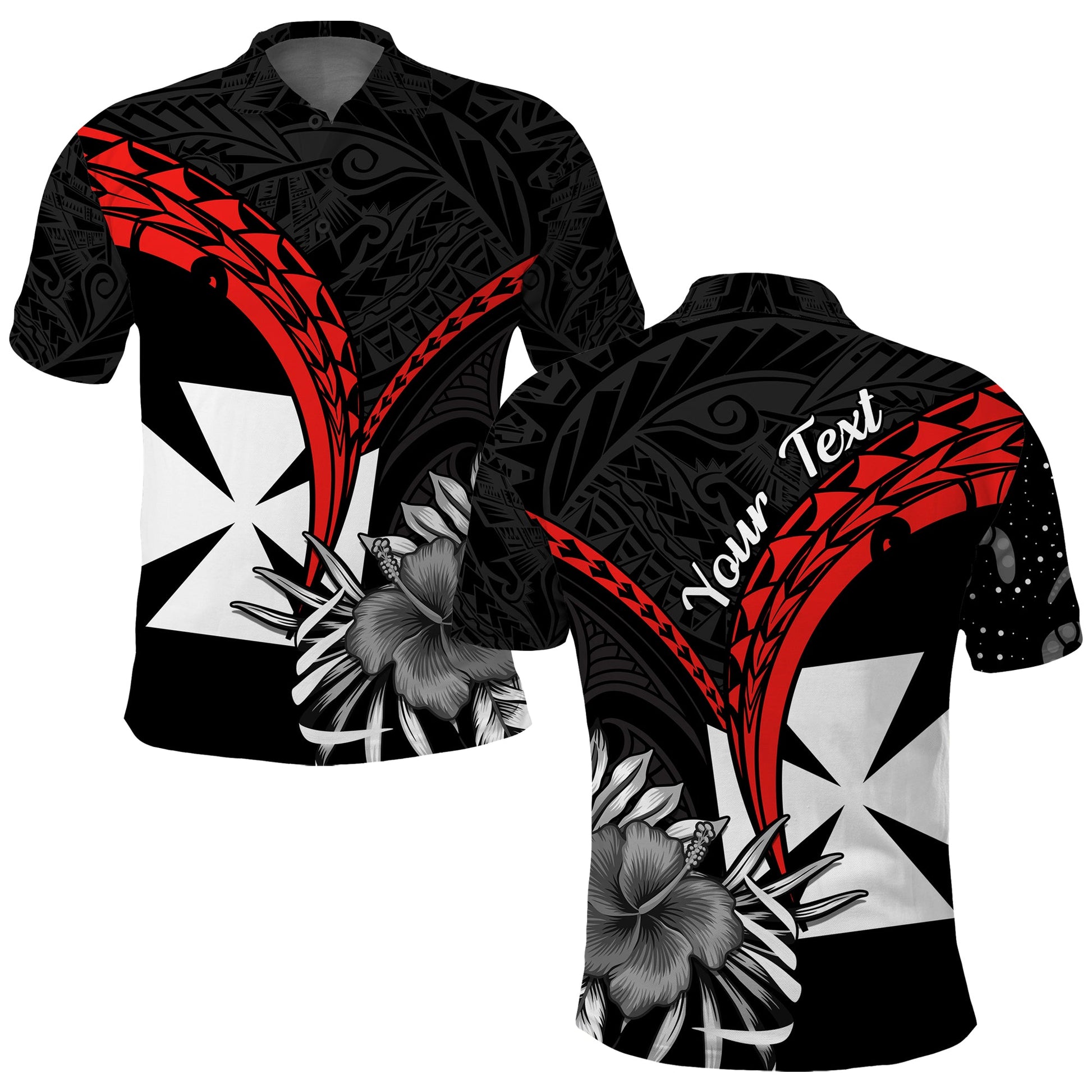 Custom Personalised Wallis et Futuna Polo Shirt Polynesian Pattern and Hibiscus Flowers Version Black