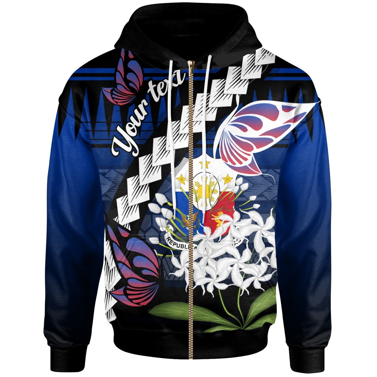 Custom Text Philippines Custom Personalized Zip Up Hoodie Butterfly Sampaguita Flower