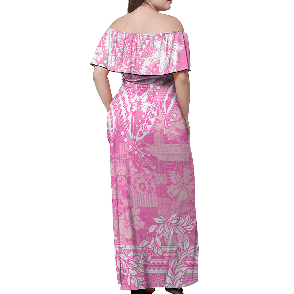 Polynesian Off Shoulder Long Dress Tapa Plumeria Style Pink