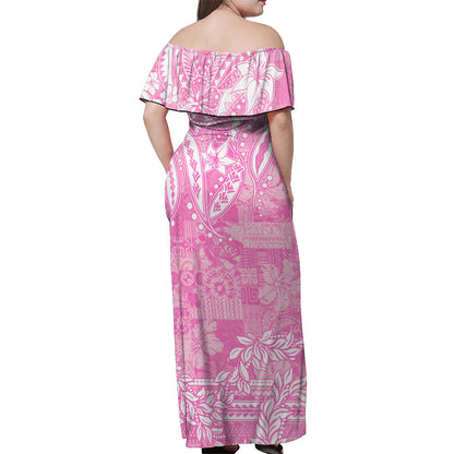 Polynesian Off Shoulder Long Dress Tapa Plumeria Style Pink
