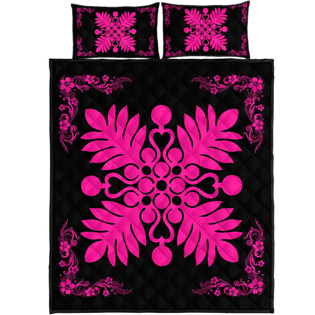 Hawaiian Quilt Maui Plant And Hibiscus Pattern Quilt Bed Set Pink Black AH