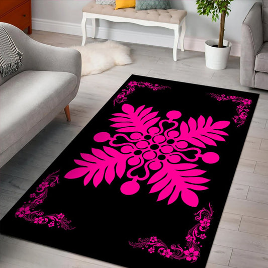 Hawaiian Quilt Maui Plant And Hibiscus Pattern Area Rug Pink Black AH