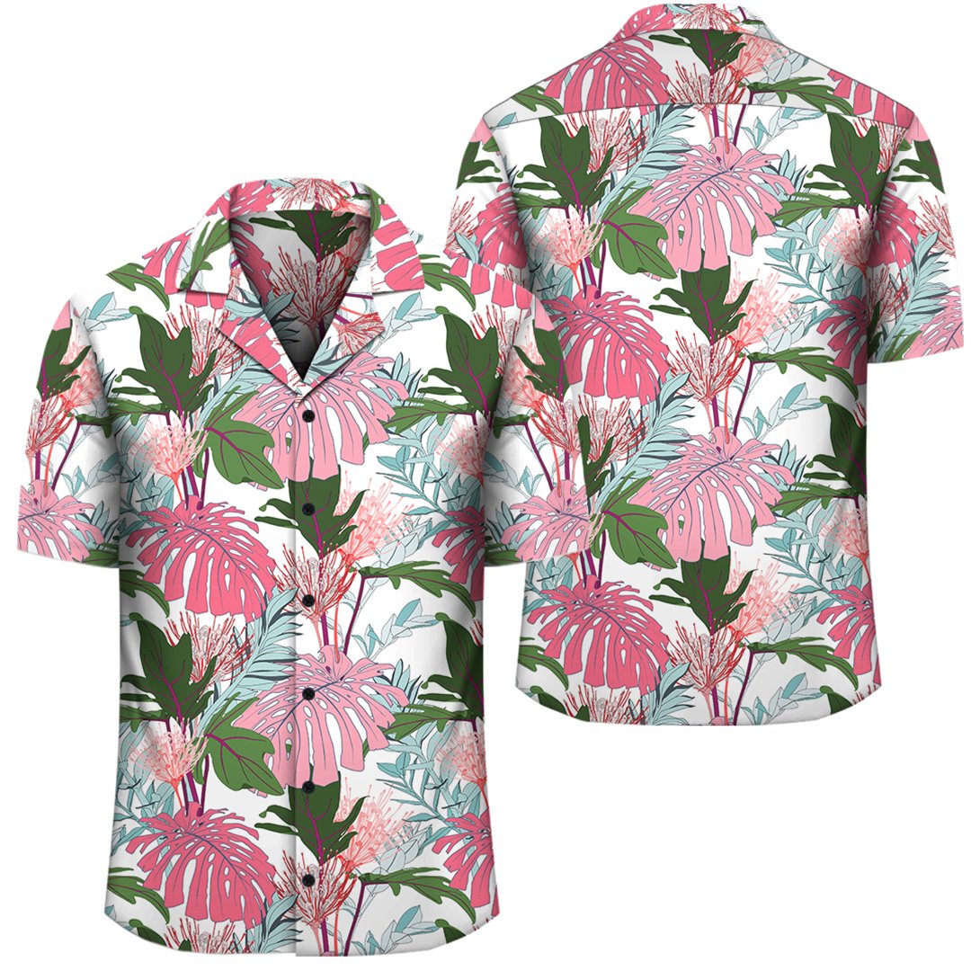 Pink Monstera And Green Tropical Leaves White Hawaiian Shirt