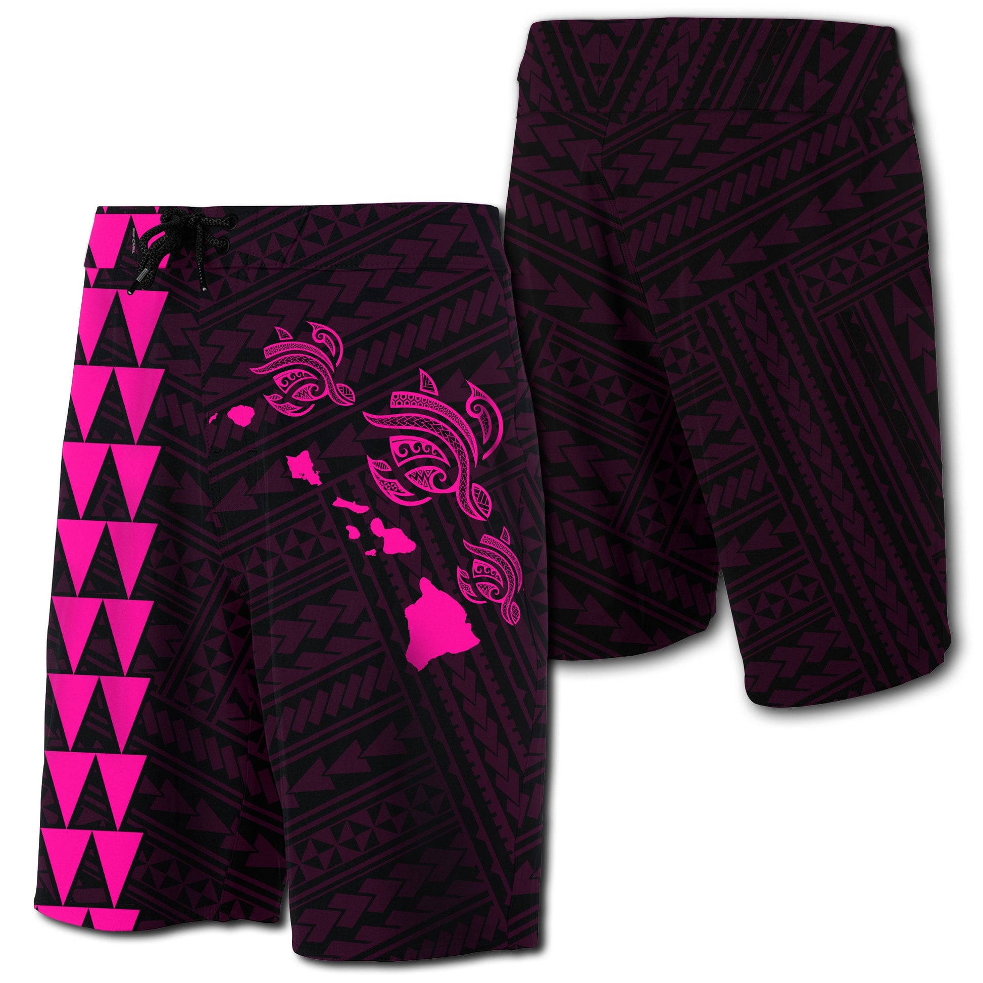 Hawaii Kakau Polynesian Three Turtles Map Board Shorts - Pink