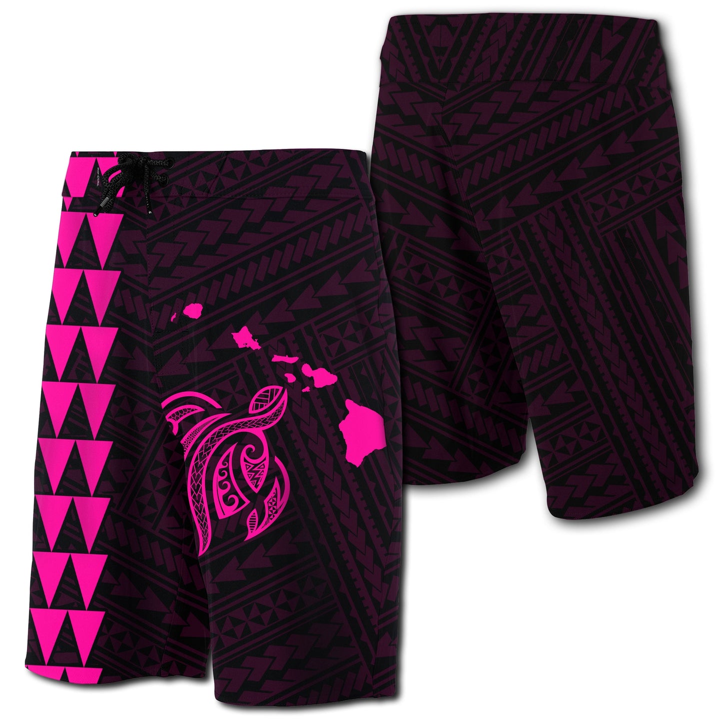 Hawaii Kakau Polynesian Turtle Map Board Shorts - Pink