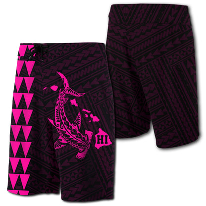 Hawaii Kakau Polynesian Hammerhead Shark Board Shorts - Pink