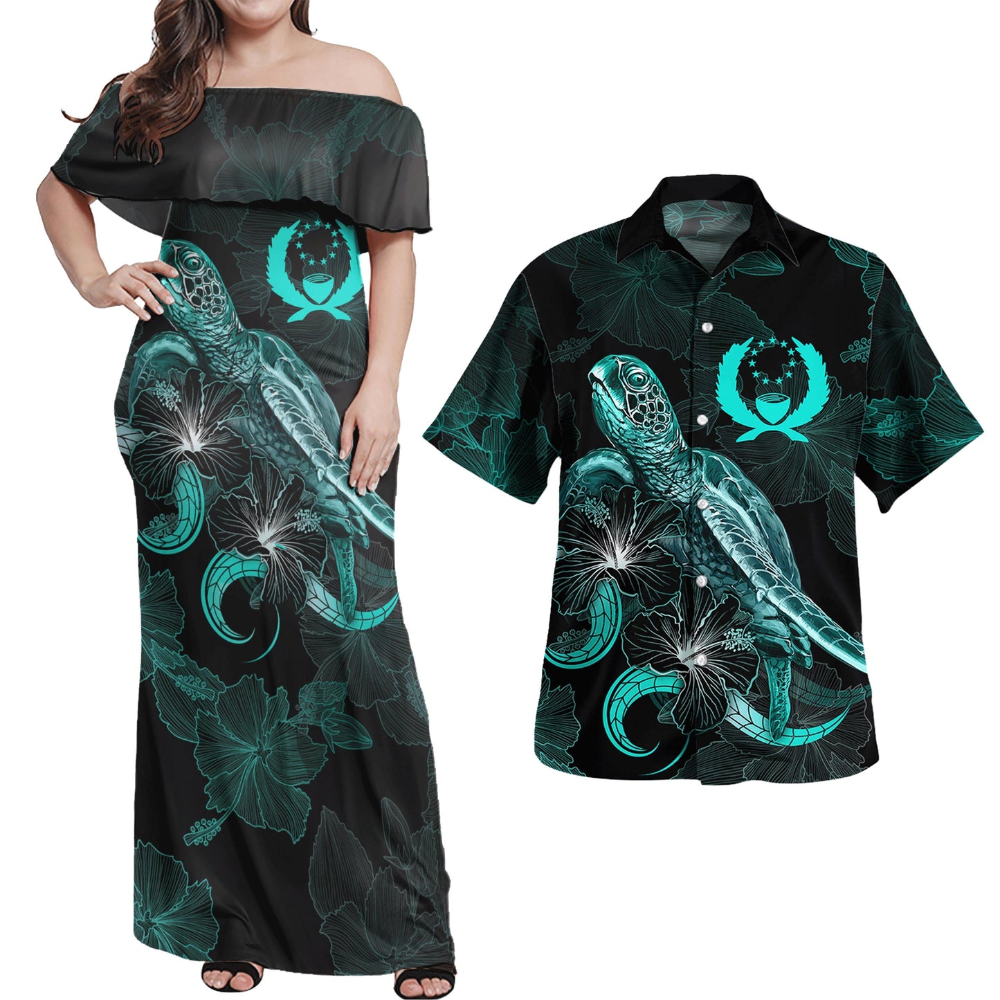 Matching Outfits For Couples Pohnpei Combo Dress And Shirt Pohnpei Coat Of Arms With Turtle Blooming Hibiscus Turquoise