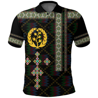 Eritrea Tilet Pattern Polo Shirt Eritrean Cross Black
