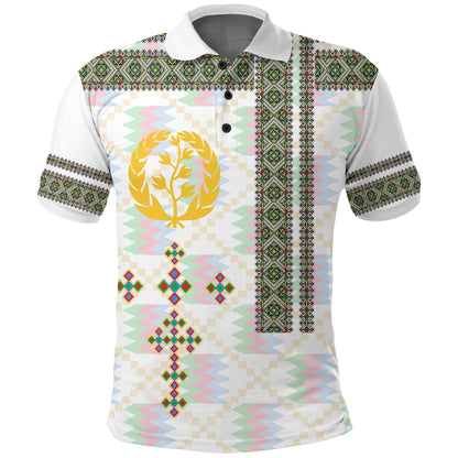 Eritrea Tilet Pattern Polo Shirt Eritrean Cross White