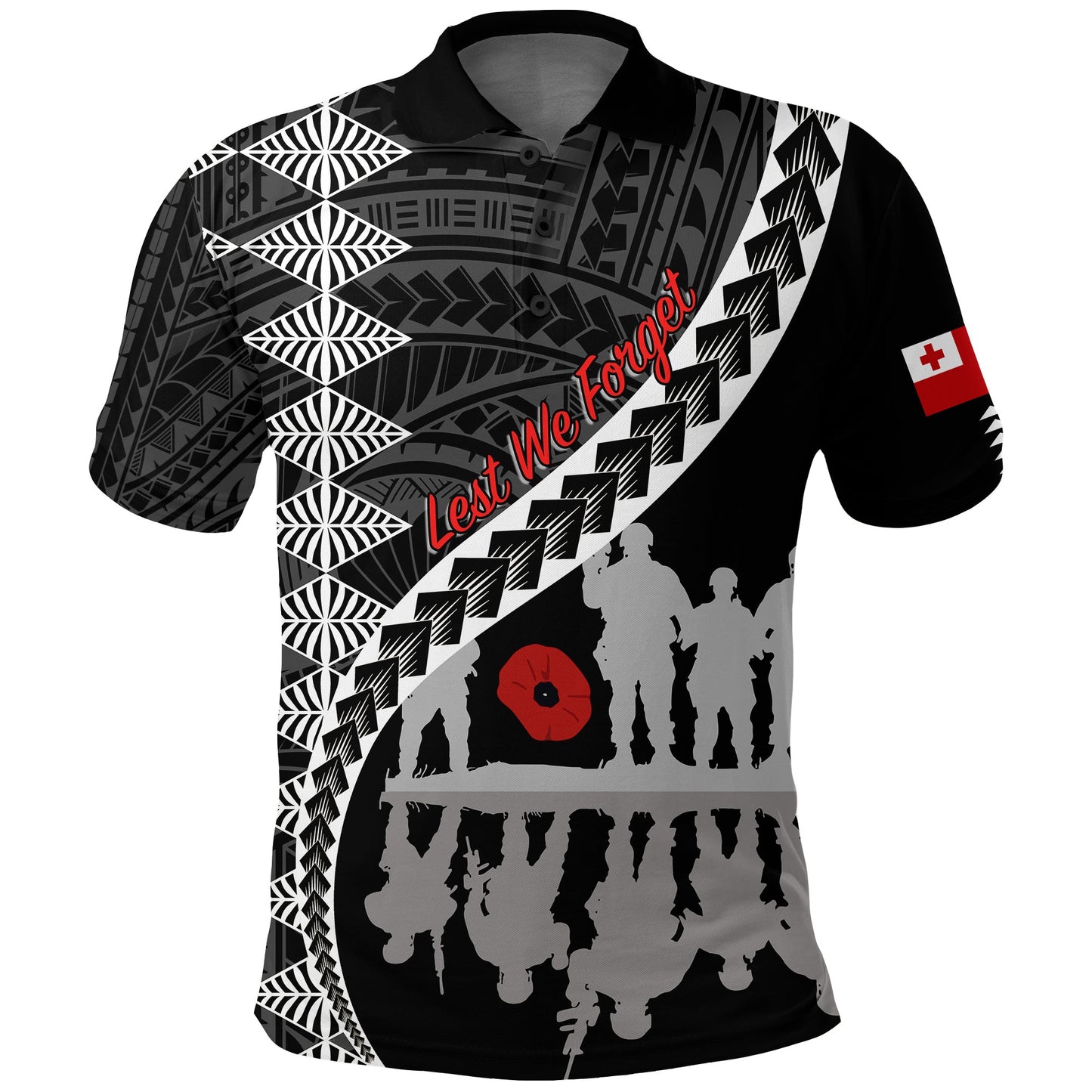 Tonga Anzac Day Black & White Polo Shirt Lest We Forget