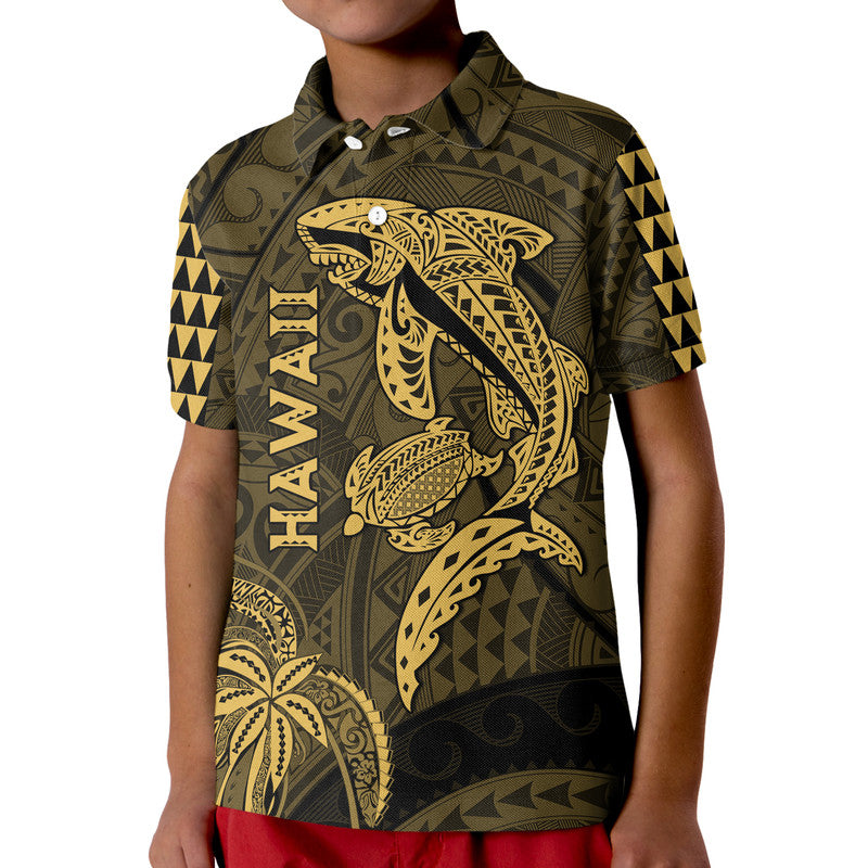 Hawaii Polo Shirt Shark and Turtle Mix Kakau Gold