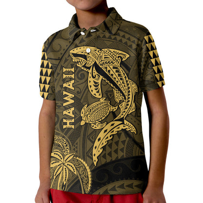 Hawaii Polo Shirt Shark and Turtle Mix Kakau Gold