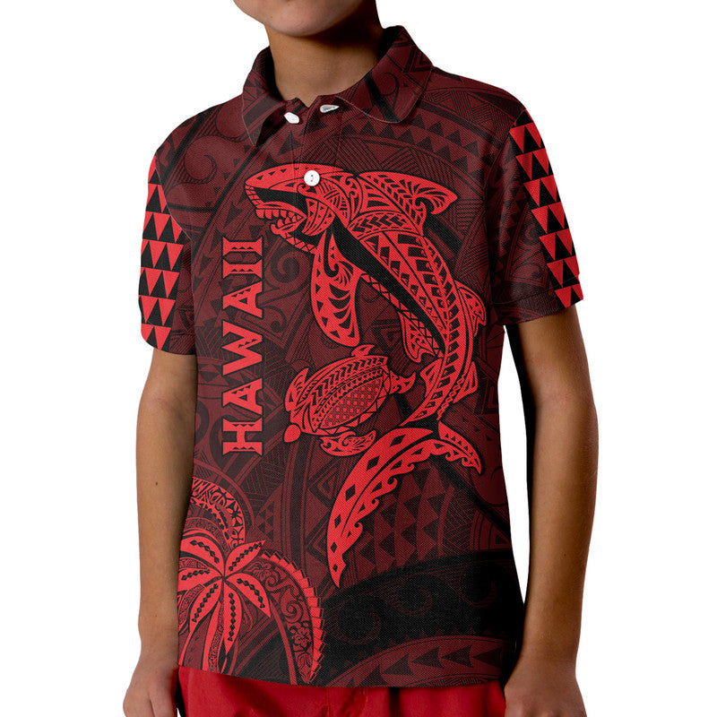 Hawaii Polo Shirt Shark and Turtle Mix Kakau Red