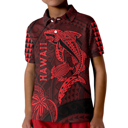 Hawaii Polo Shirt Shark and Turtle Mix Kakau Red