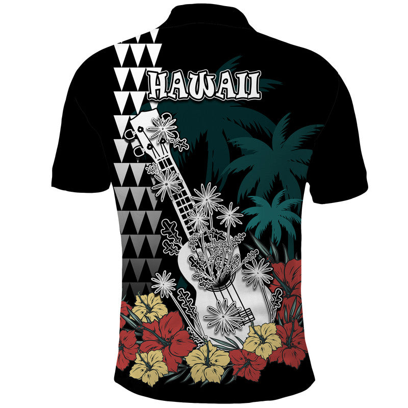 Hawaii Ukulele Mix Hibiscus and Coconut Tree Polo Shirt Aloha Vintage Black Version
