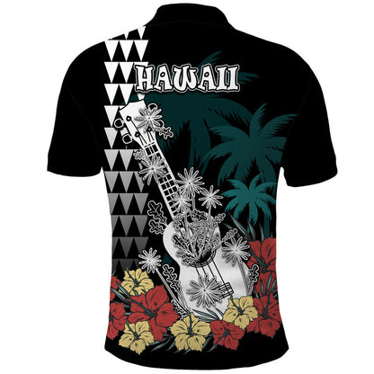 Hawaii Ukulele Mix Hibiscus and Coconut Tree Polo Shirt Aloha Vintage Black Version