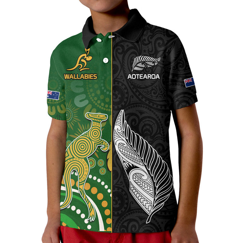 Custom Personalised Aotearoa Rugby All Black Combine Australia Wallabies Polo Shirt Aboriginal Kangaroo And Maori Fern