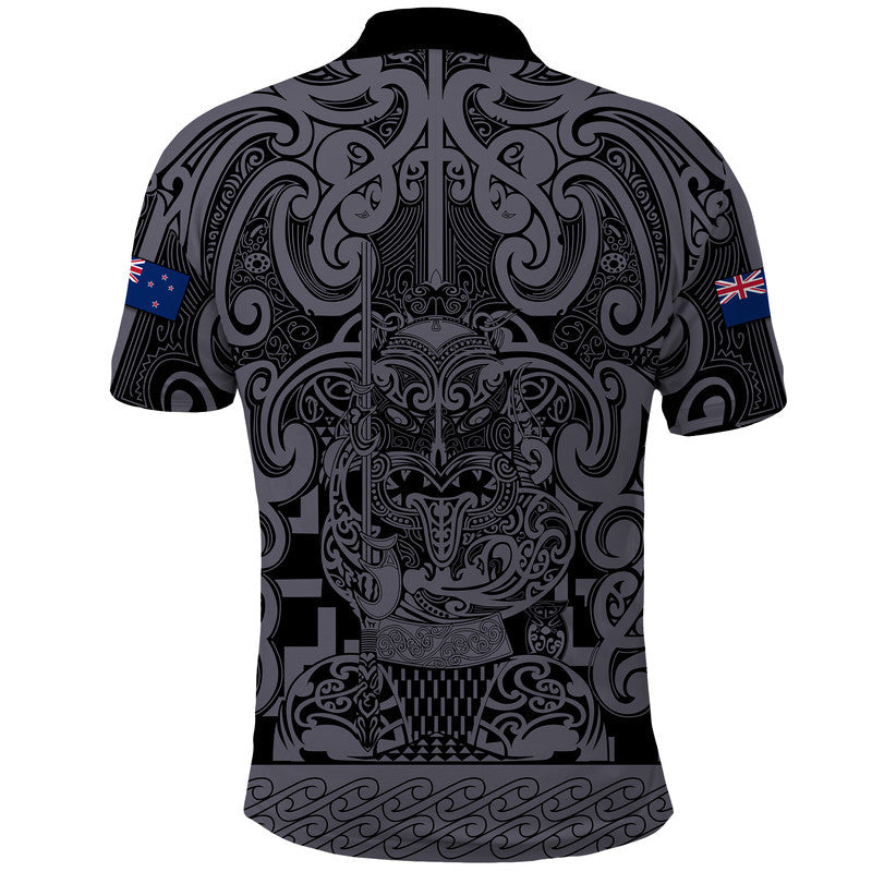 New Zealand Taiaha Maori Polo Shirt Minimalist Silver Fern All Black