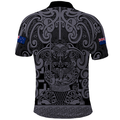 New Zealand Taiaha Maori Polo Shirt Minimalist Silver Fern All Black