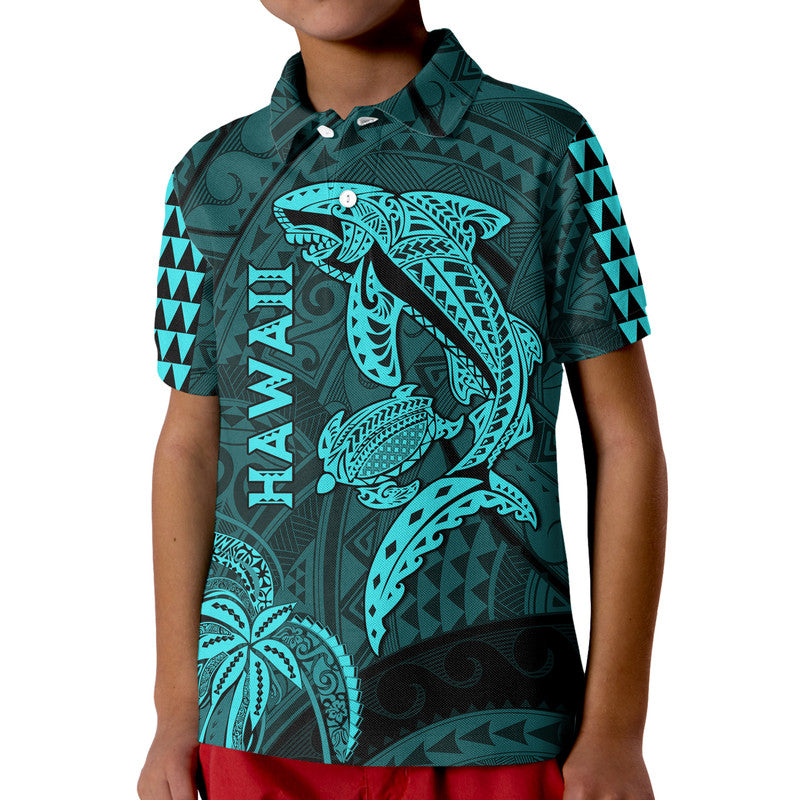 Hawaii Polo Shirt Shark and Turtle Mix Kakau Turquoise
