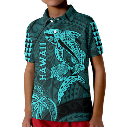 Hawaii Polo Shirt Shark and Turtle Mix Kakau Turquoise