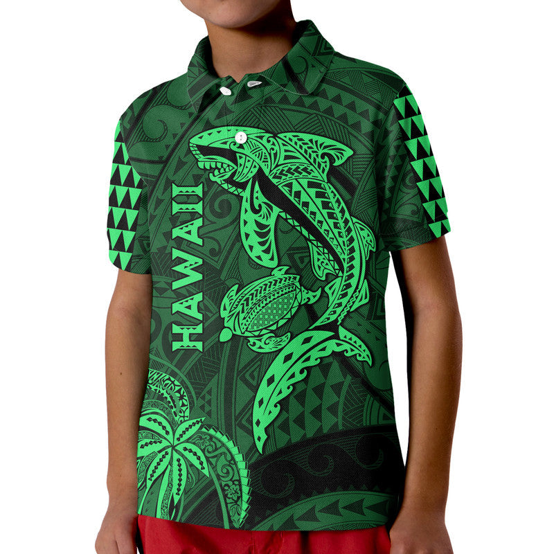 Hawaii Polo Shirt Shark and Turtle Mix Kakau Green