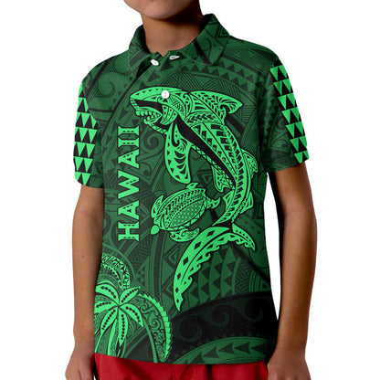 Hawaii Polo Shirt Shark and Turtle Mix Kakau Green