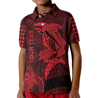 Custom Personalised Hawaii Polo Shirt Shark and Turtle Mix Kakau Red