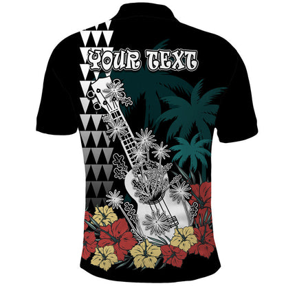 Custom Personalised Hawaii Ukulele Mix Hibiscus and Coconut Tree Polo Shirt Aloha Vintage Black Version
