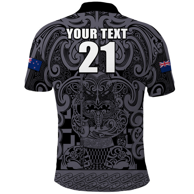 Custom Text And Number New Zealand Taiaha Maori Polo Shirt Minimalist Silver Fern All Black