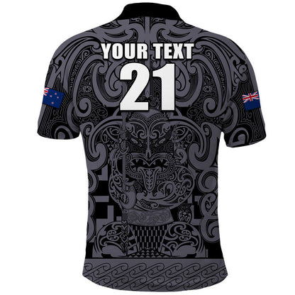 Custom Text And Number New Zealand Taiaha Maori Polo Shirt Minimalist Silver Fern All Black