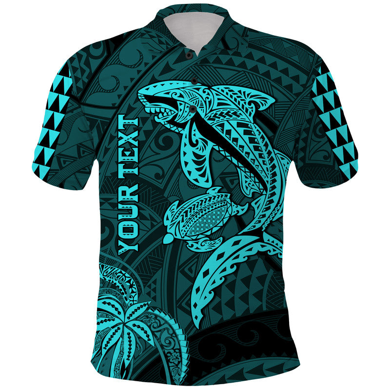 Custom Personalised Hawaii Polo Shirt Shark and Turtle Mix Kakau Turquoise