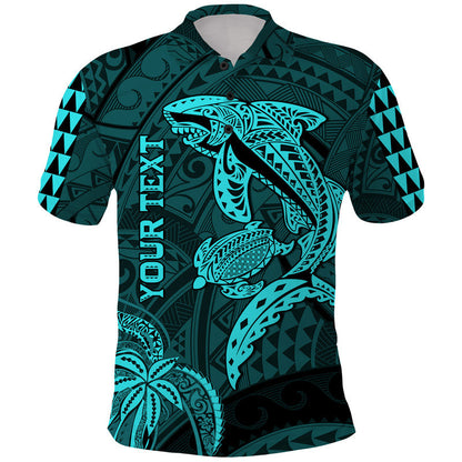 Custom Personalised Hawaii Polo Shirt Shark and Turtle Mix Kakau Turquoise