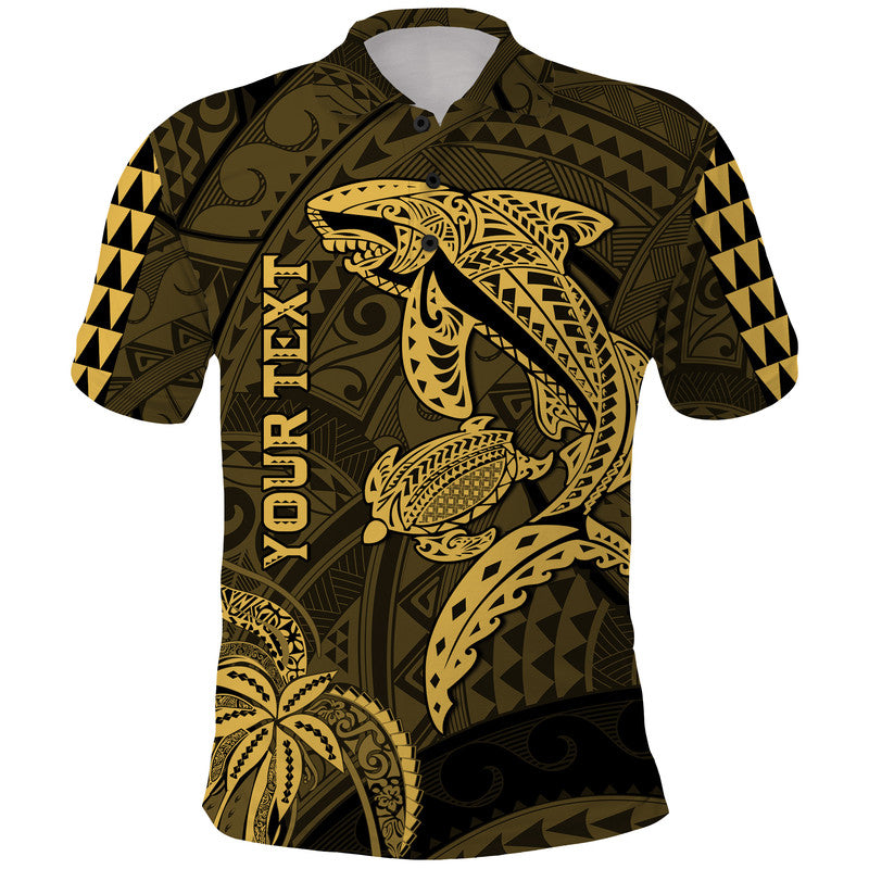 Custom Personalised Hawaii Polo Shirt Shark and Turtle Mix Kakau Gold