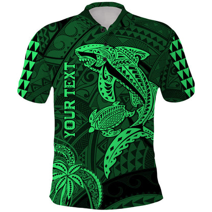 Custom Personalised Hawaii Polo Shirt Shark and Turtle Mix Kakau Green