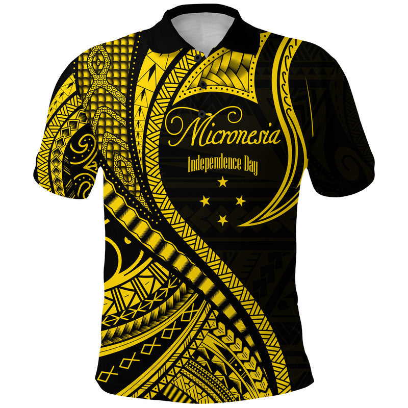 Federated States of Micronesia Independence Day Polo Shirt Gold Polynesian Wave Style